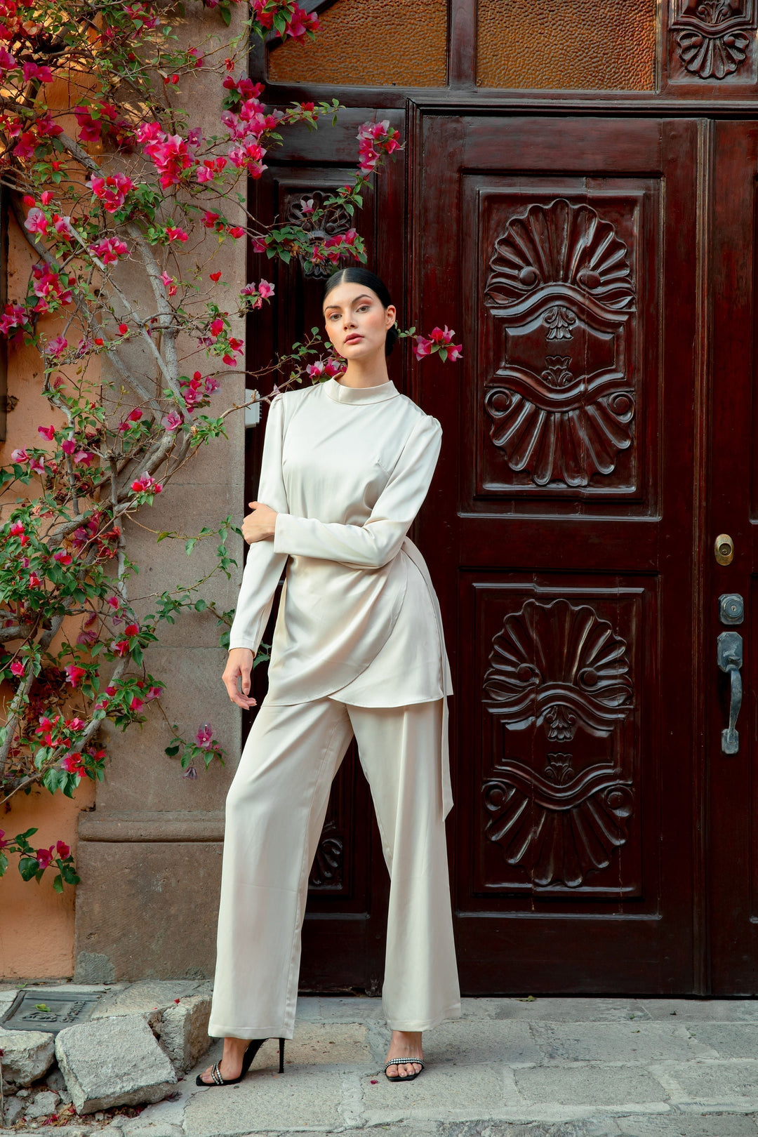 Cream Satin Side Wrap Tunic & Pant Set