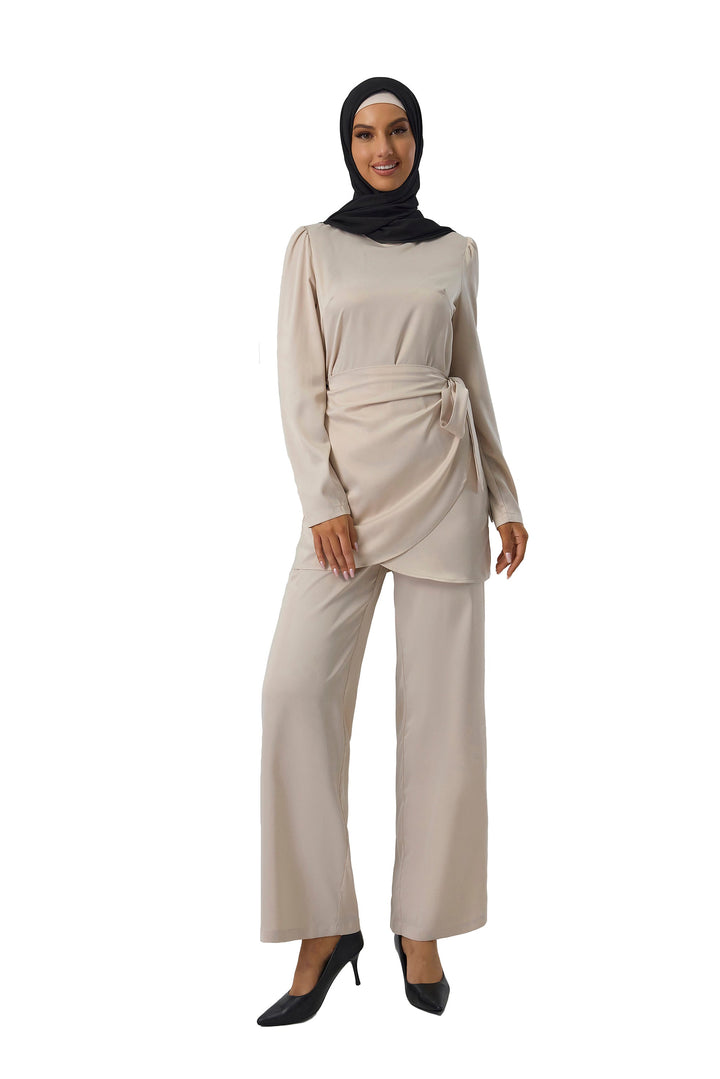 Cream Satin Side Wrap Tunic & Pant Set