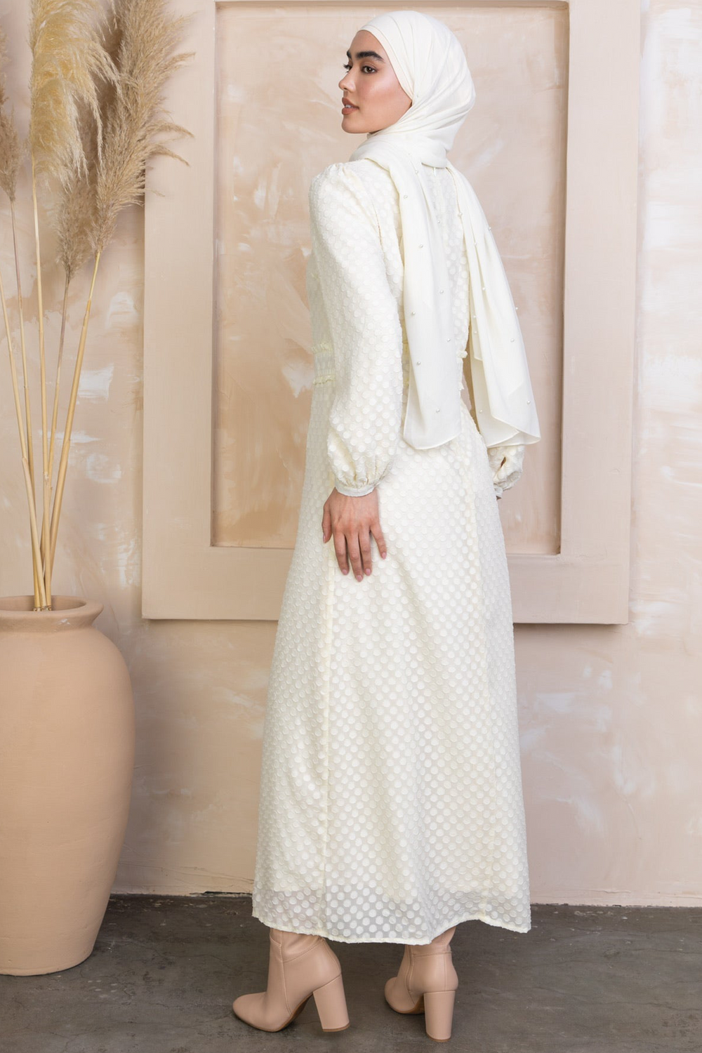 Cream Textured Polka Dots Long Sleeve Maxi Dress-CLEARANCE