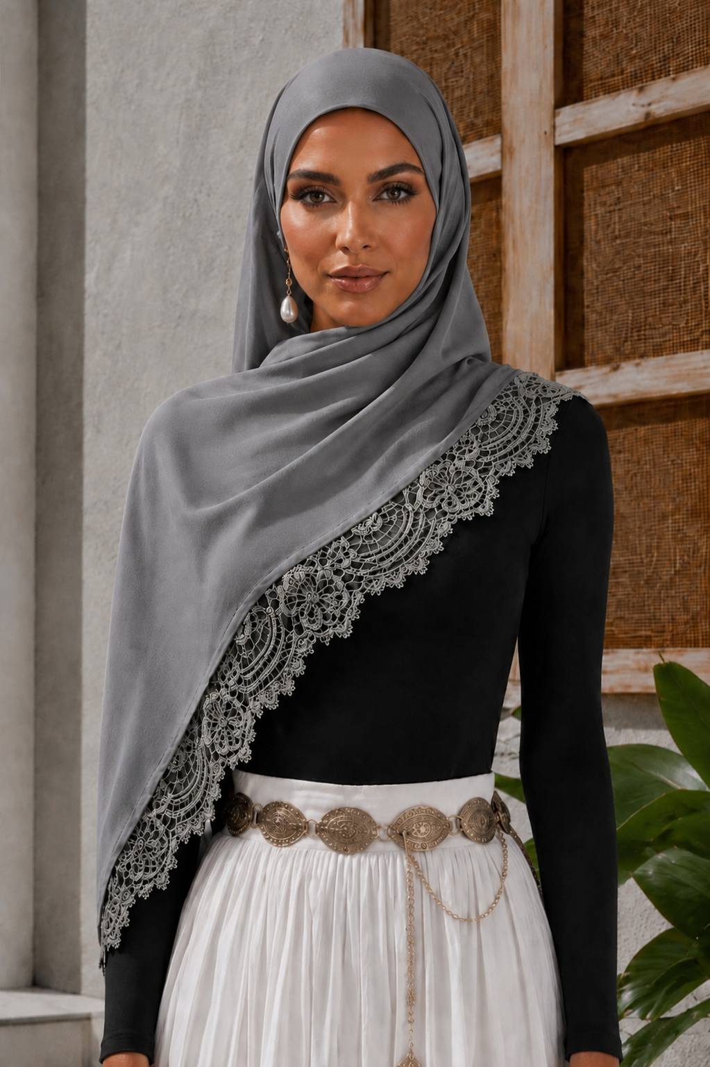 Gray Lace Trim Modal Hijab