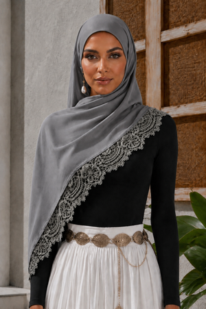 Gray Lace Trim Modal Hijab