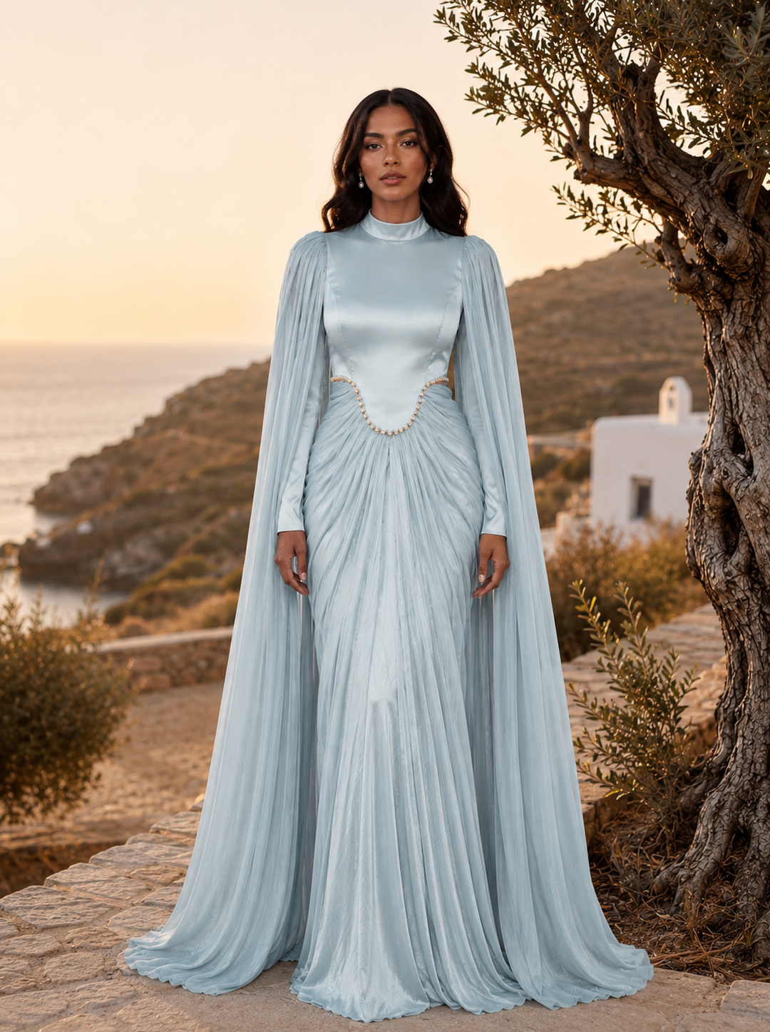 Mint Rhinestone Cape Gown