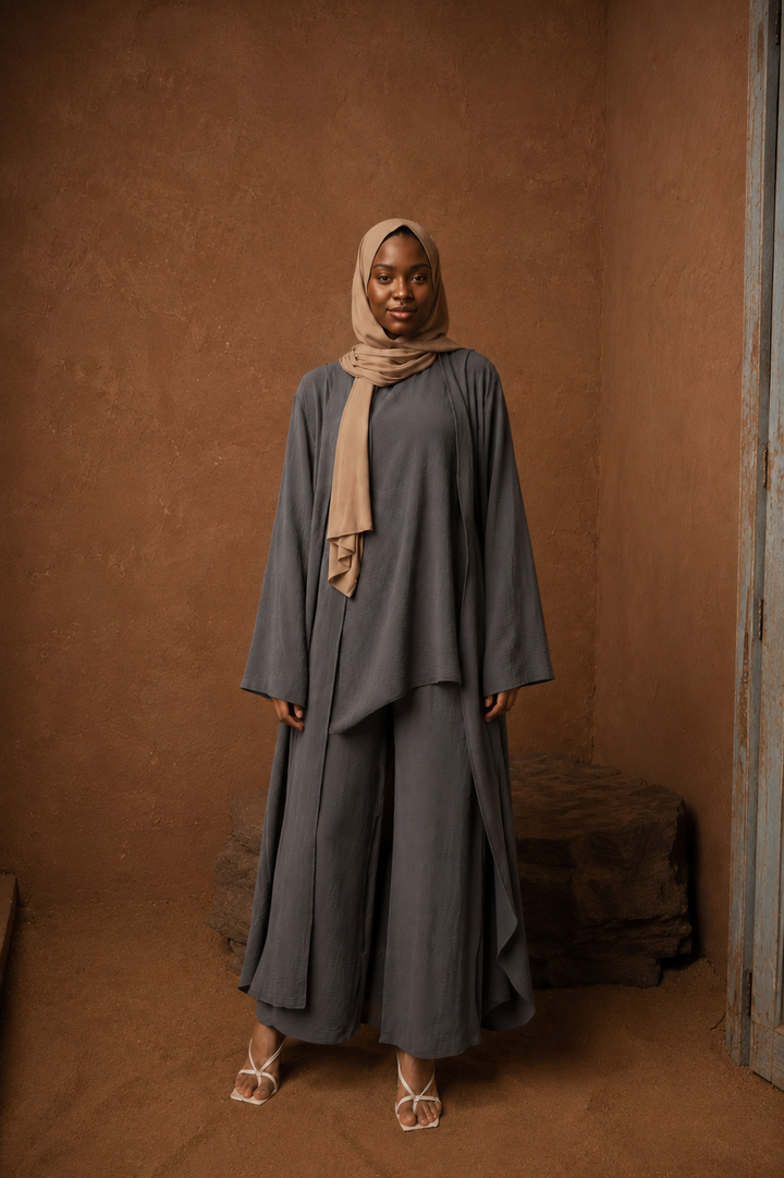 Gray Three Piece Pants Abaya Set