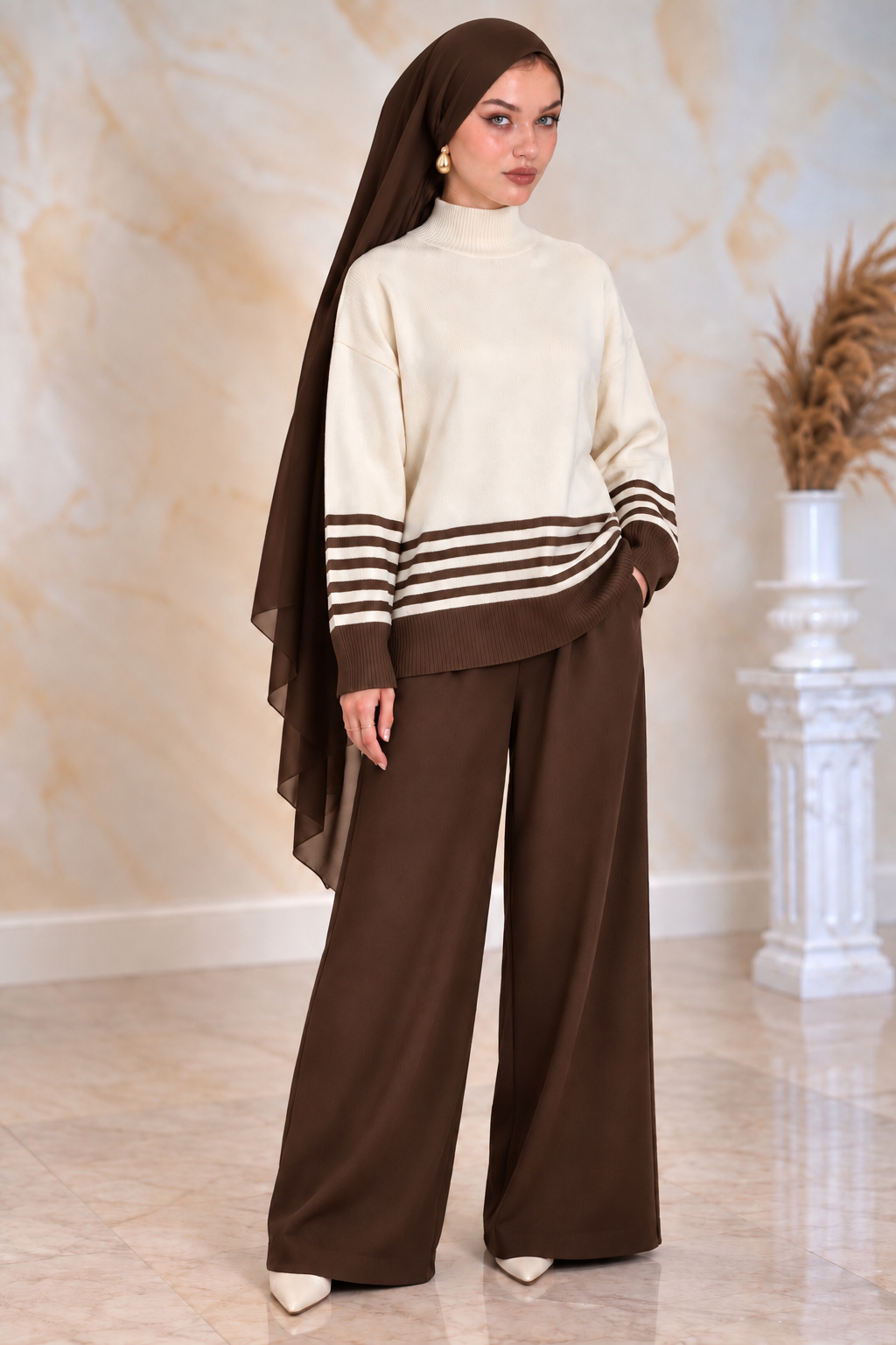 Cream and Brown Knit and Pant Set