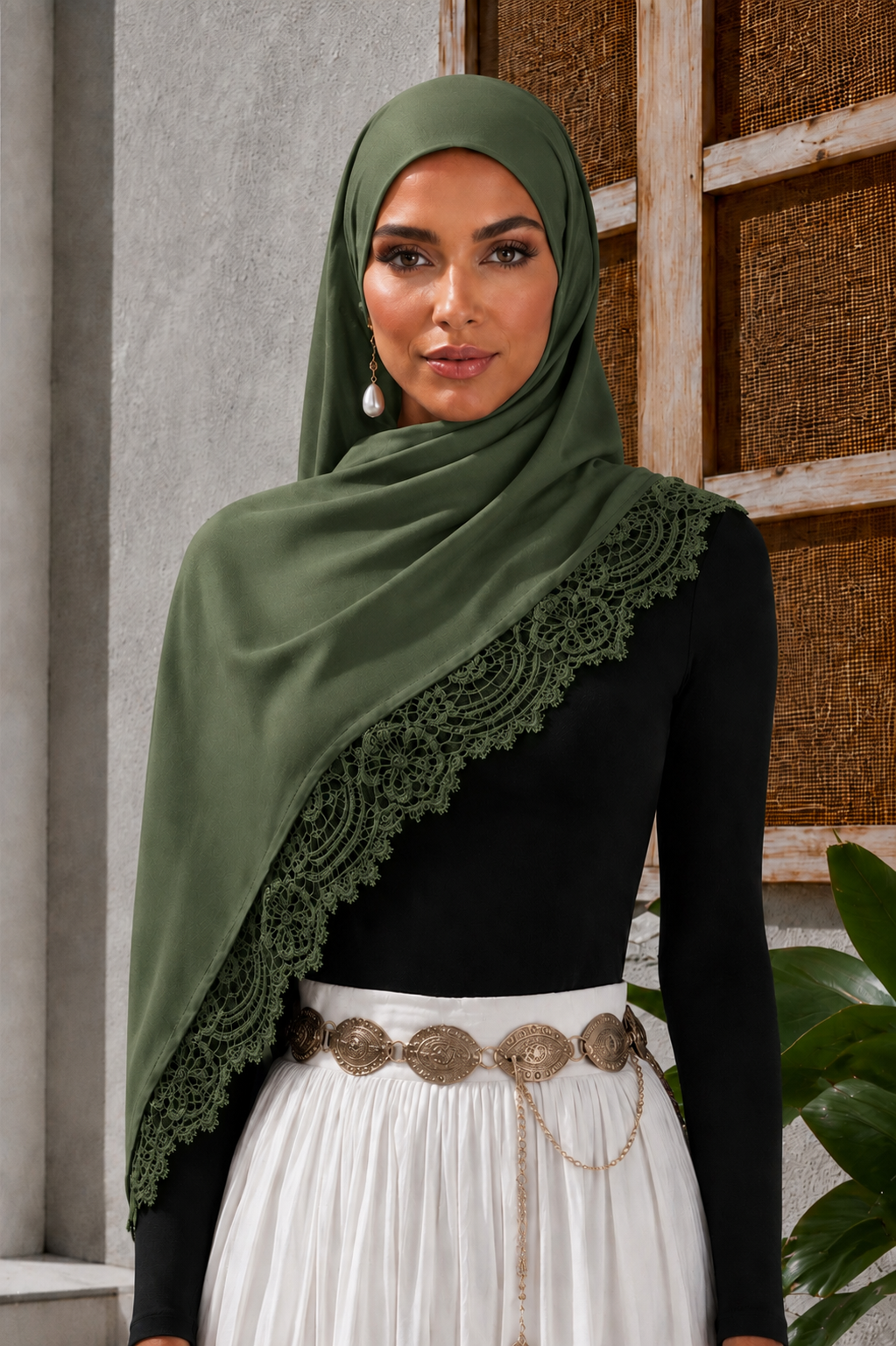 Green Lace Trim Modal Hijab