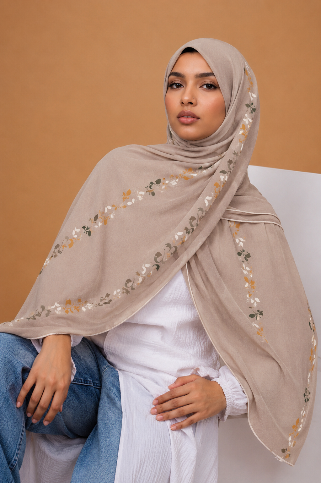 Beige Floral Trim Printed Chiffon Hijab
