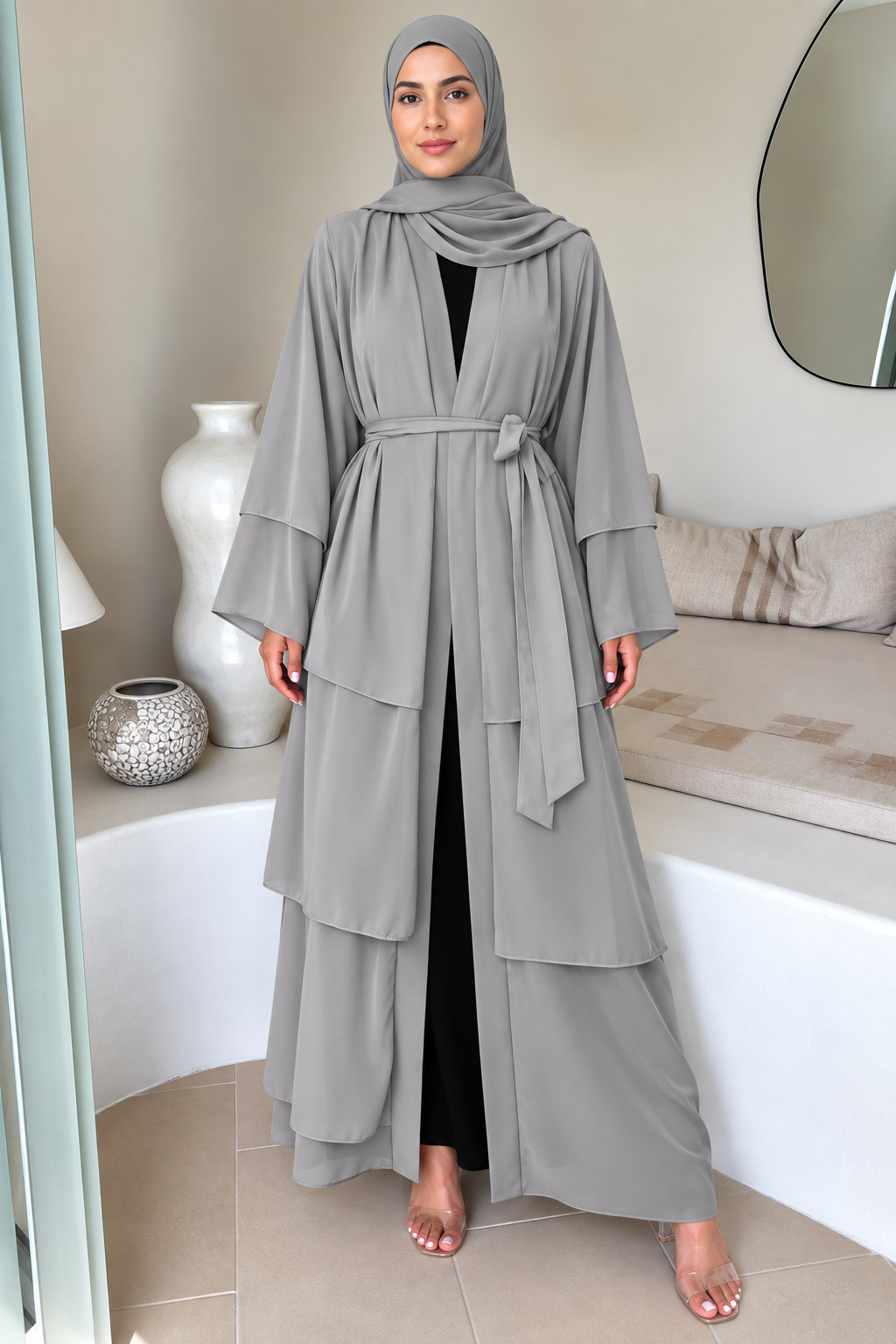 Gray Tiered Open Abaya and Hijab Set