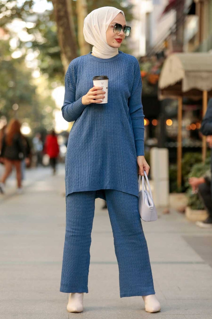 Blue Braided Sweater and Pants Set - Urban Modesty