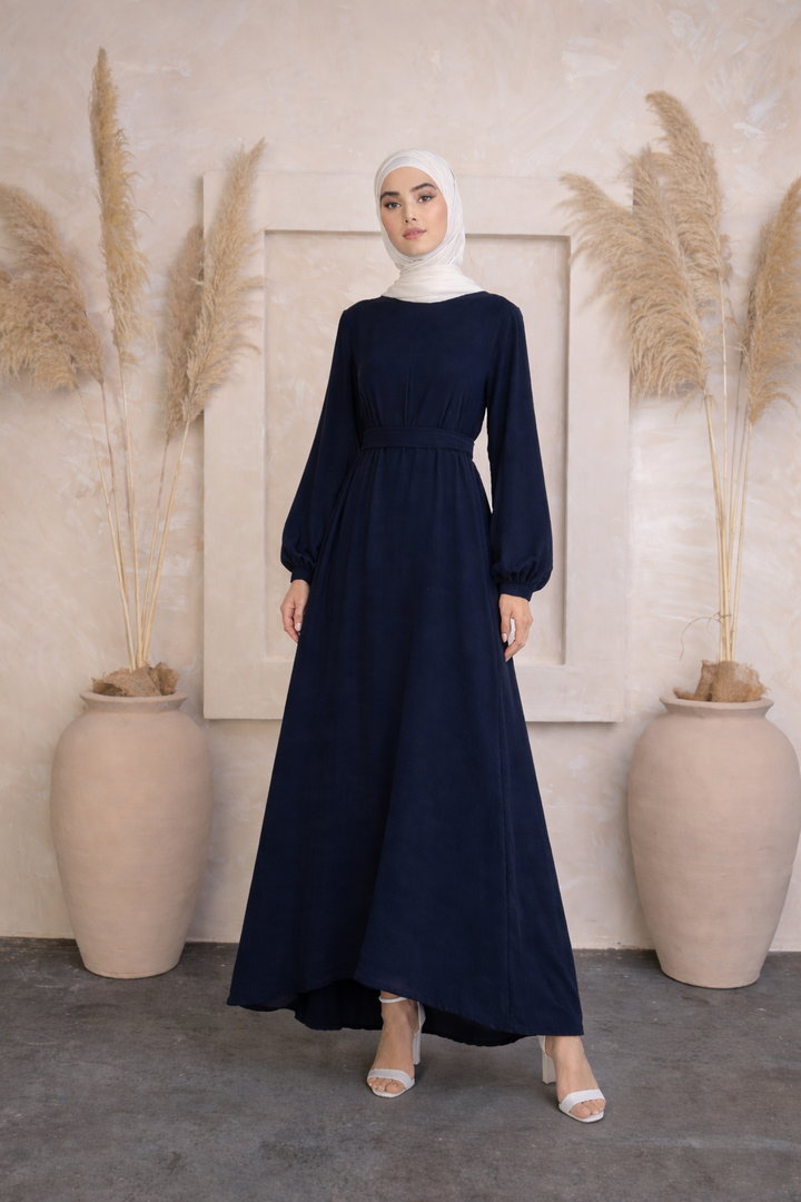 Navy Blue Belted Sheath Abaya Maxi Dress