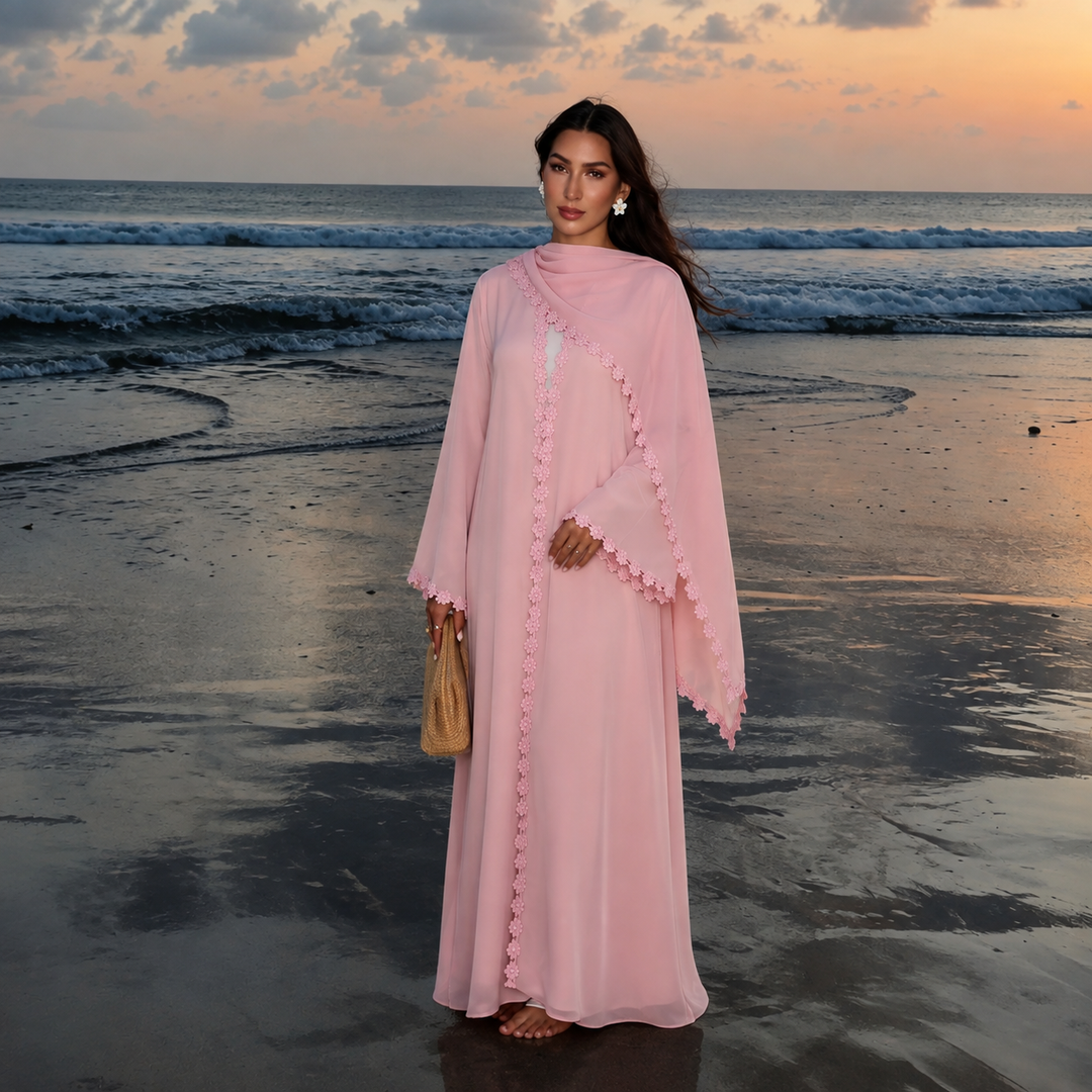 Pink Floral Trim Open Abaya and Hijab Set