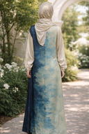 Woman wearing Blue Ombré One Piece Salah Prayer Outfit in garden setting