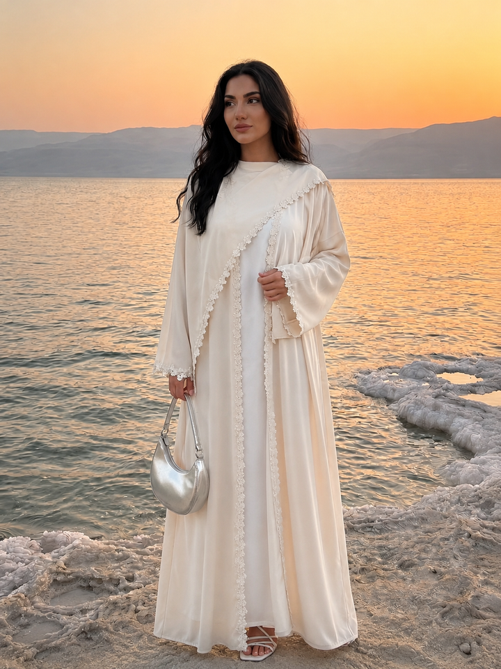 Woman wearing Beige Lace Trim Open Abaya and Hijab Set by Urban Modesty