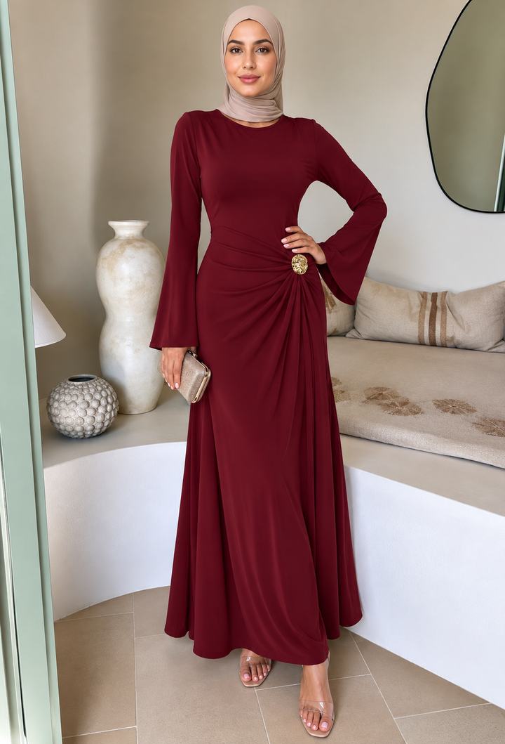 Maroon Side Draped Buckle Maxi Dress