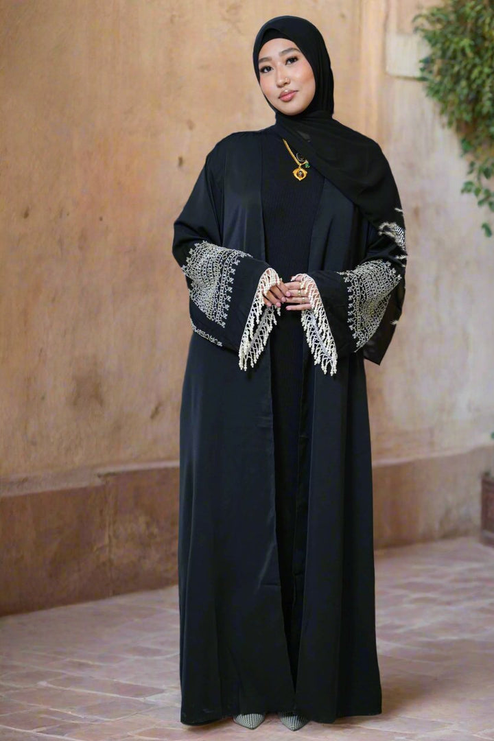 Black Beaded Fringe Sleeves Open Front Abaya - Urban Modesty