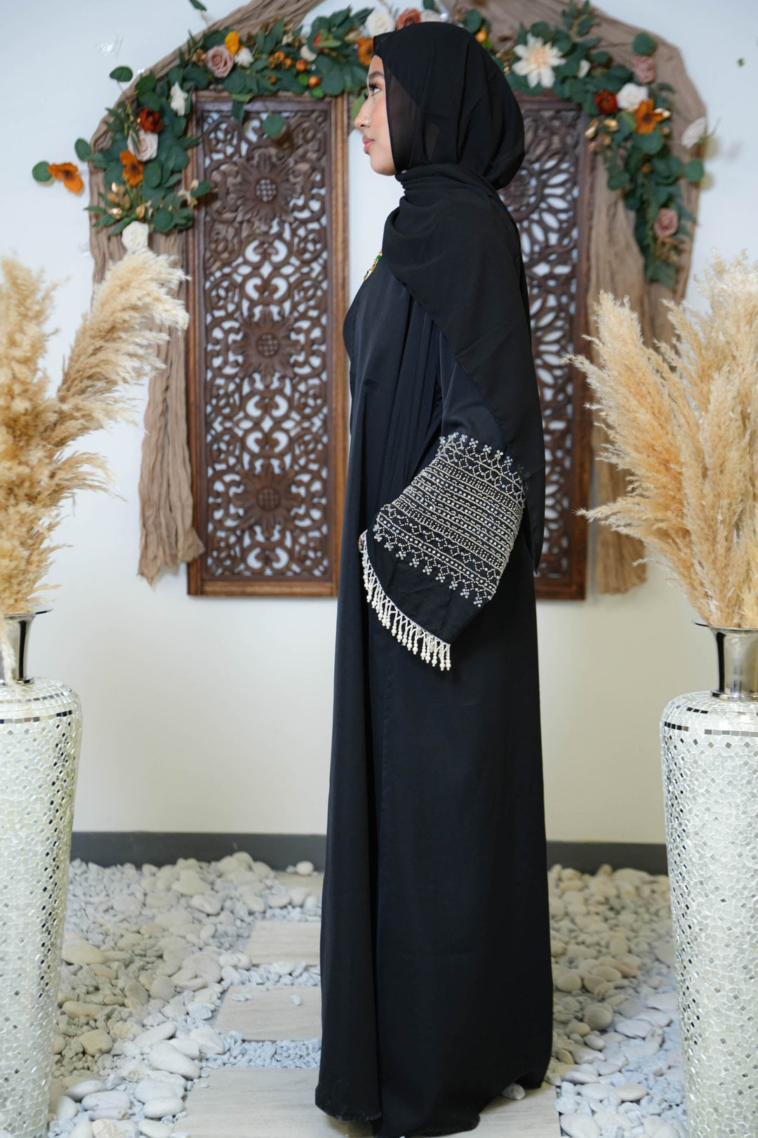 Black Beaded Fringe Sleeves Open Front Abaya - Urban Modesty