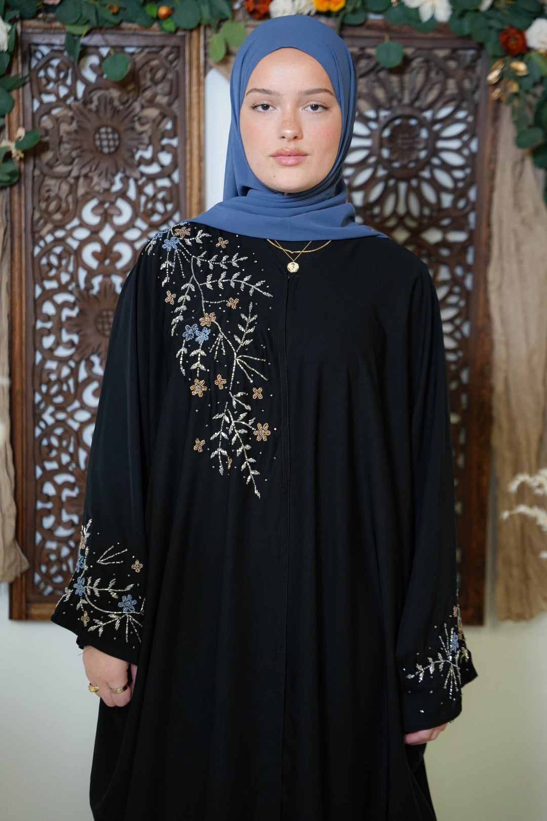 Black Beaded Kimono Sleeves Open Front Abaya - Urban Modesty