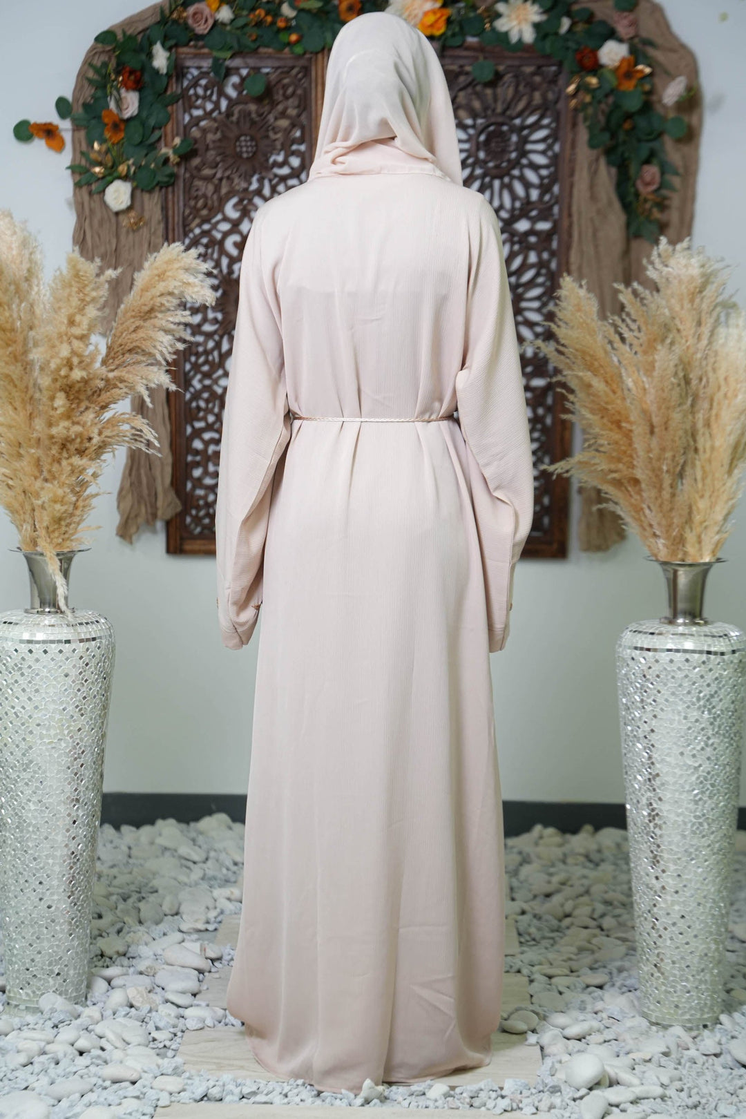 Beige Floral Embroidered Open Front Abaya - Urban Modesty