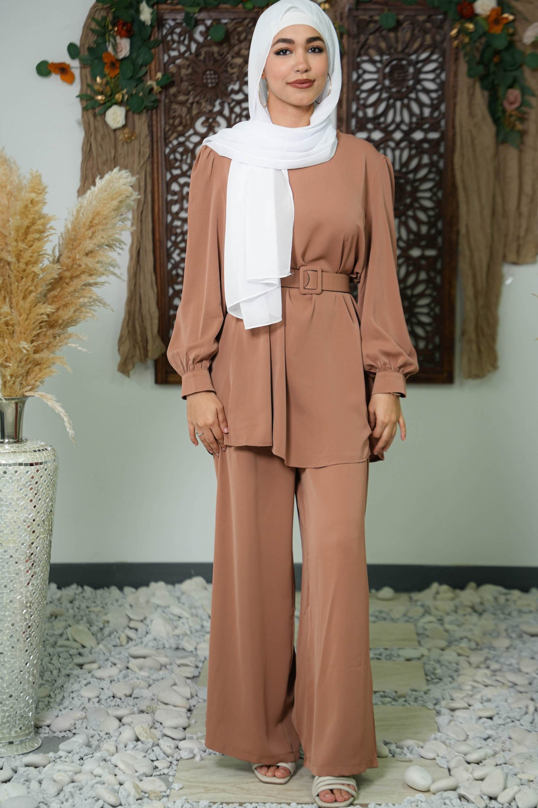 Belted Wide Leg Pants Set - Urban Modesty