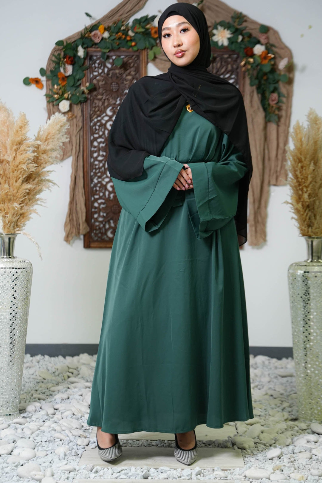 Dark Green Kimono Sleeve Abaya Maxi Dress - Urban Modesty