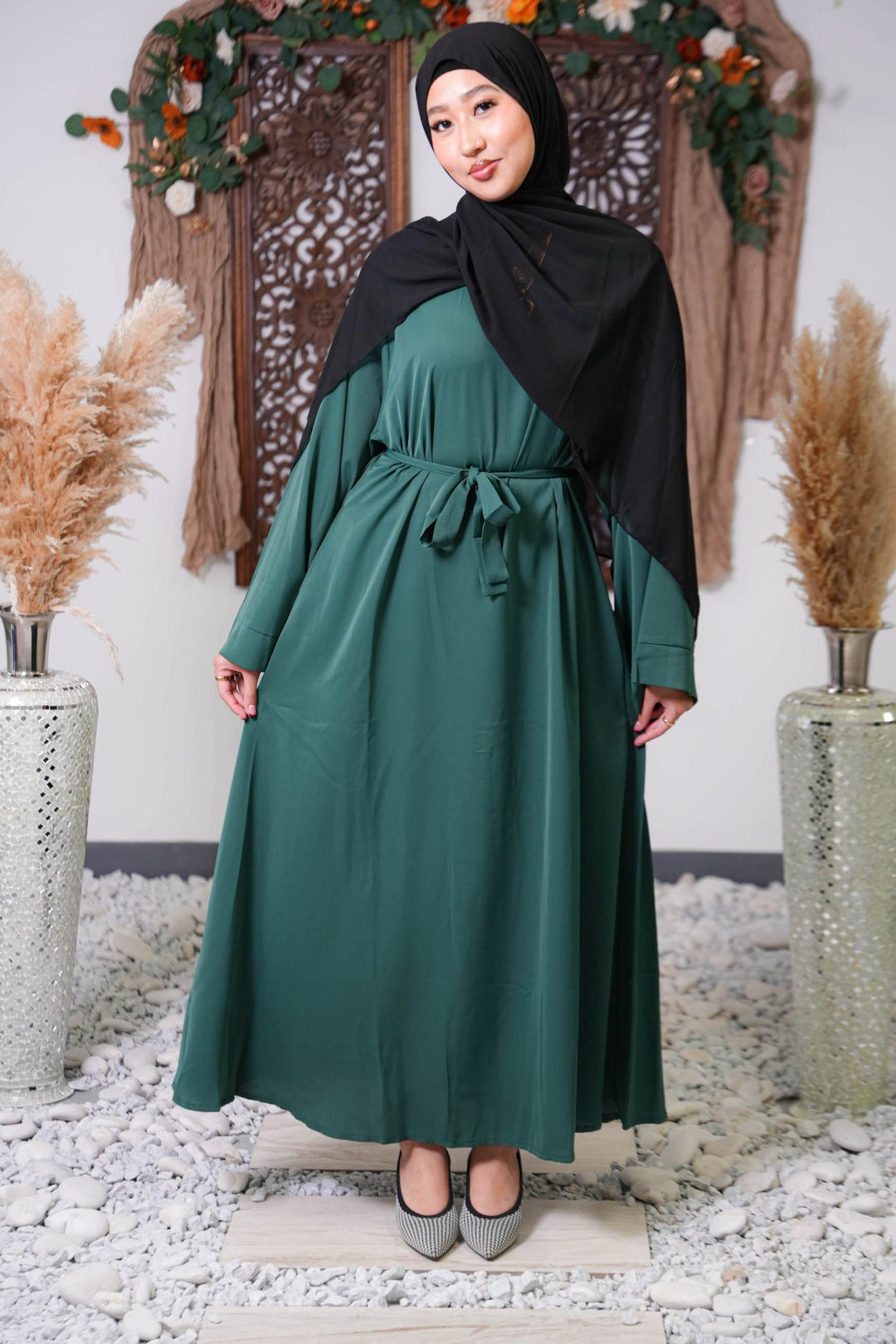 Dark Green Kimono Sleeve Abaya Maxi Dress - Urban Modesty