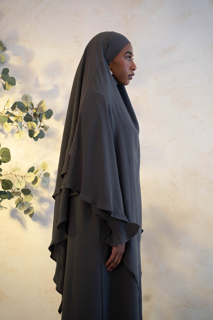 Dark Gray Ruched Cuff Bell Sleeves Abaya Maxi Dress