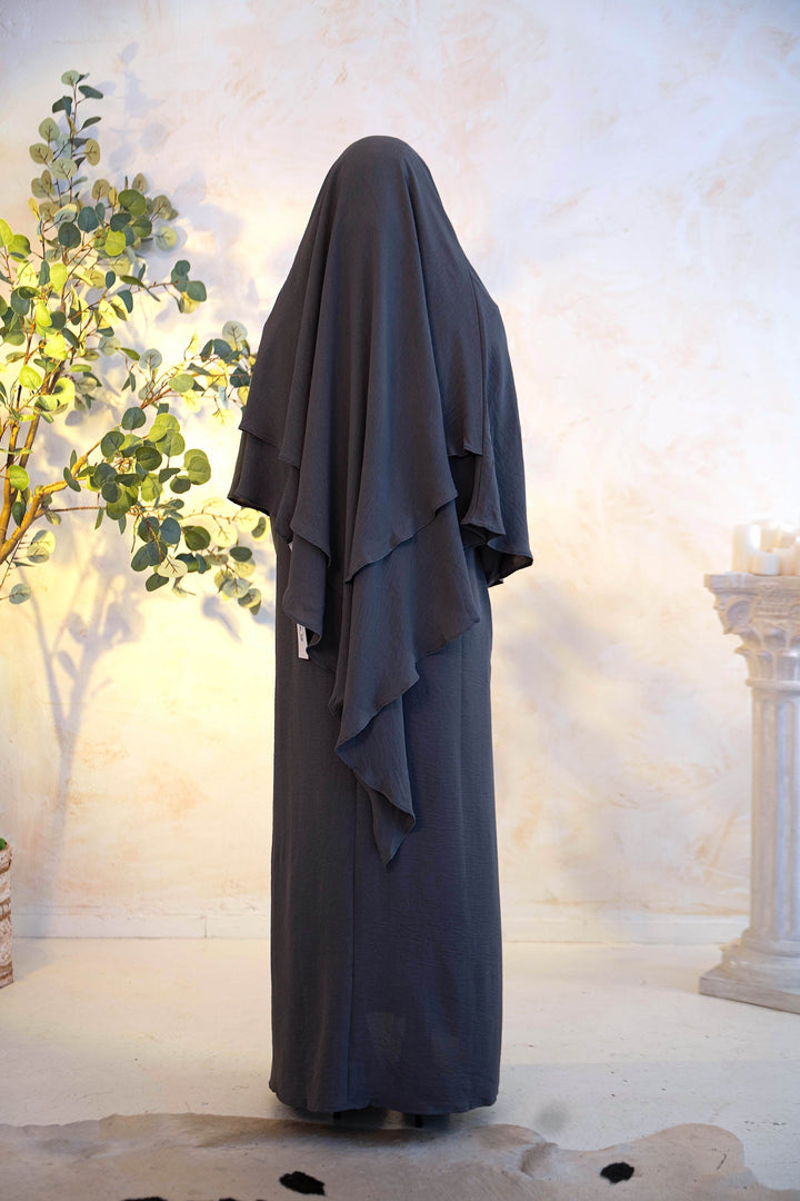 Dark Gray Ruched Cuff Bell Sleeves Abaya Maxi Dress