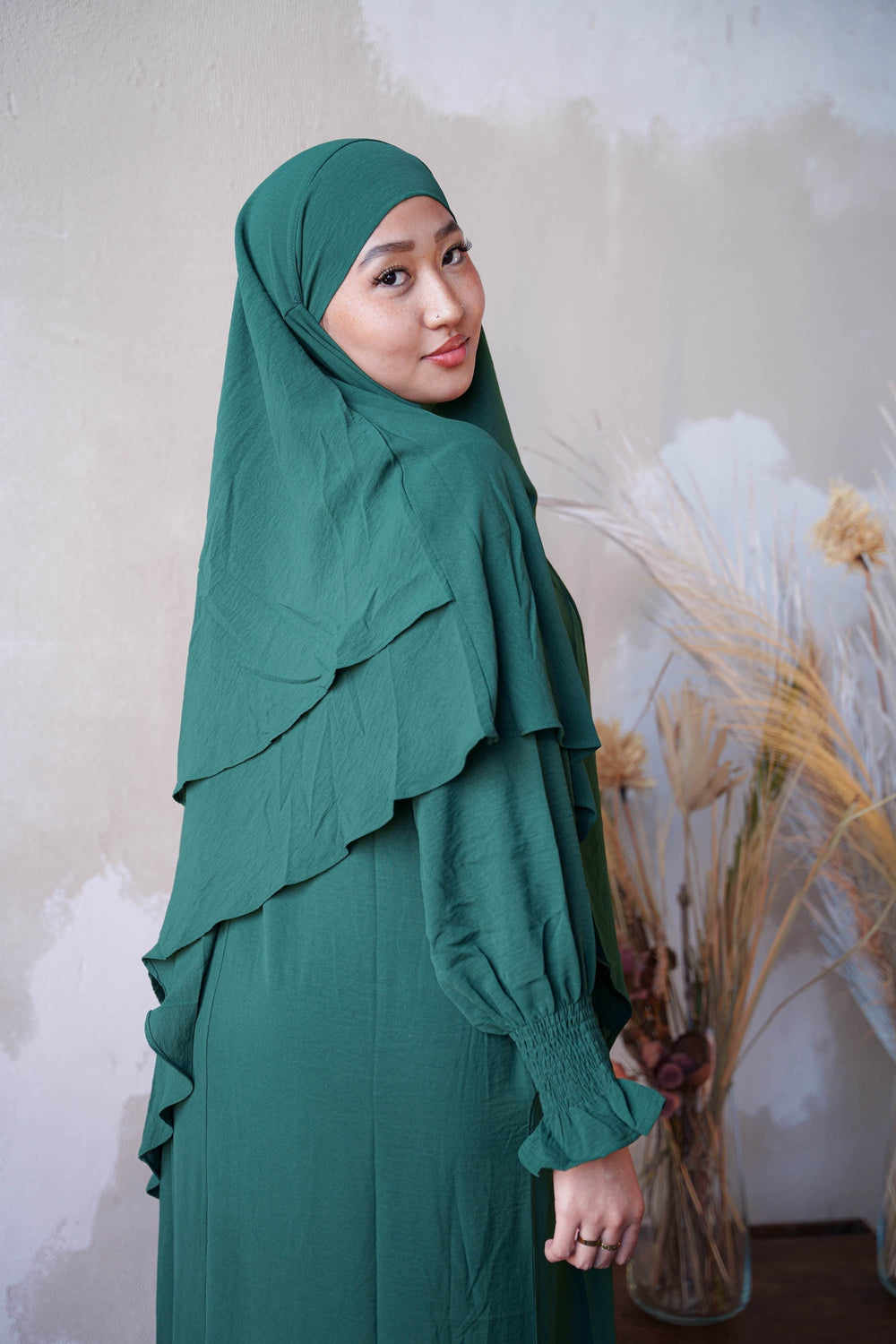 Dark Green Double Layer Khimar - Dark Green