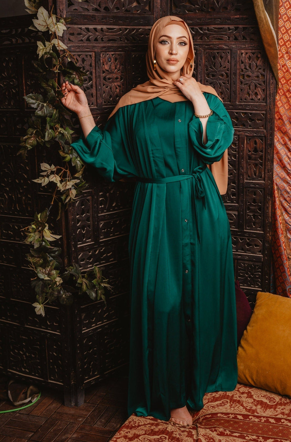 Dark Green Sleeveless Dress and Open Abaya Set