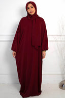 Deep Red Wrap One Piece Salah Prayer Outfit with wrap headpiece, breathable and comfortable, fits up to XXL, thick opaque fabric.
