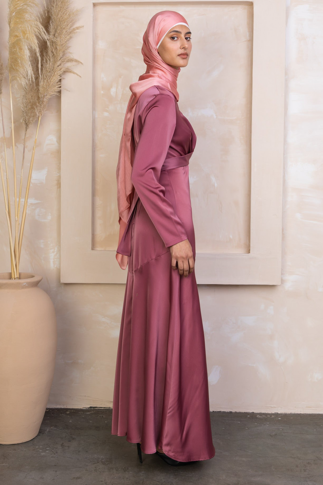 Desert Rose Criss Cross Satin Long Sleeve Maxi Dress