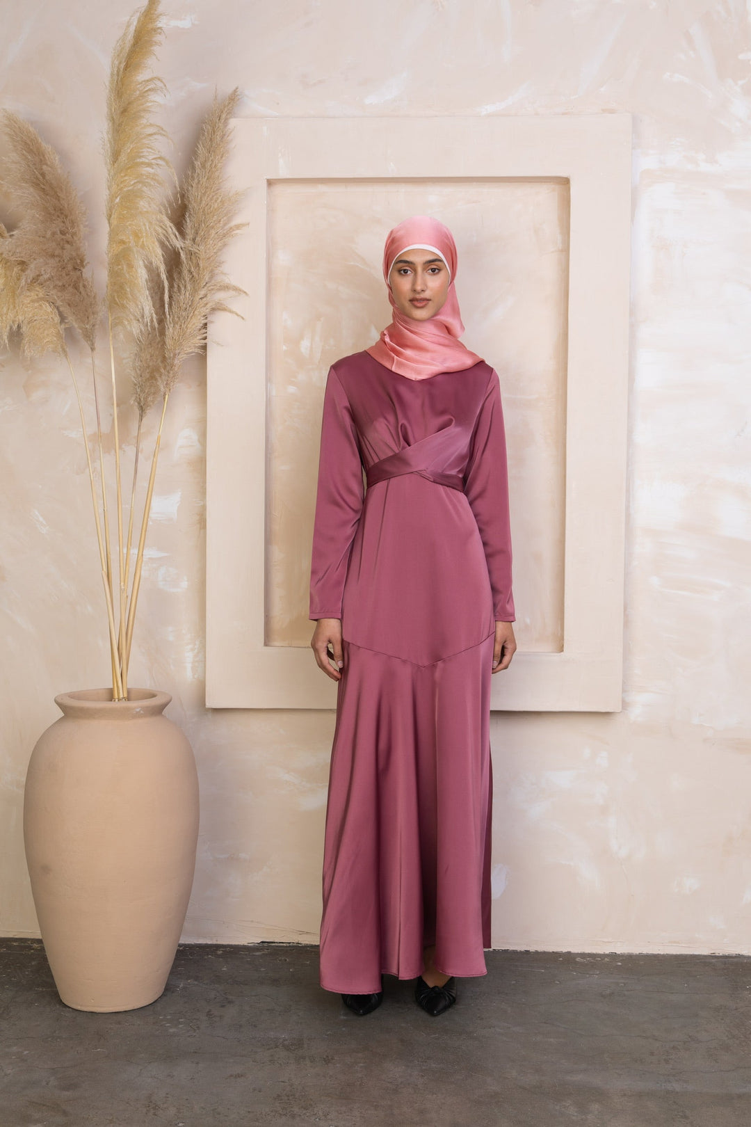 Desert Rose Criss Cross Satin Long Sleeve Maxi Dress