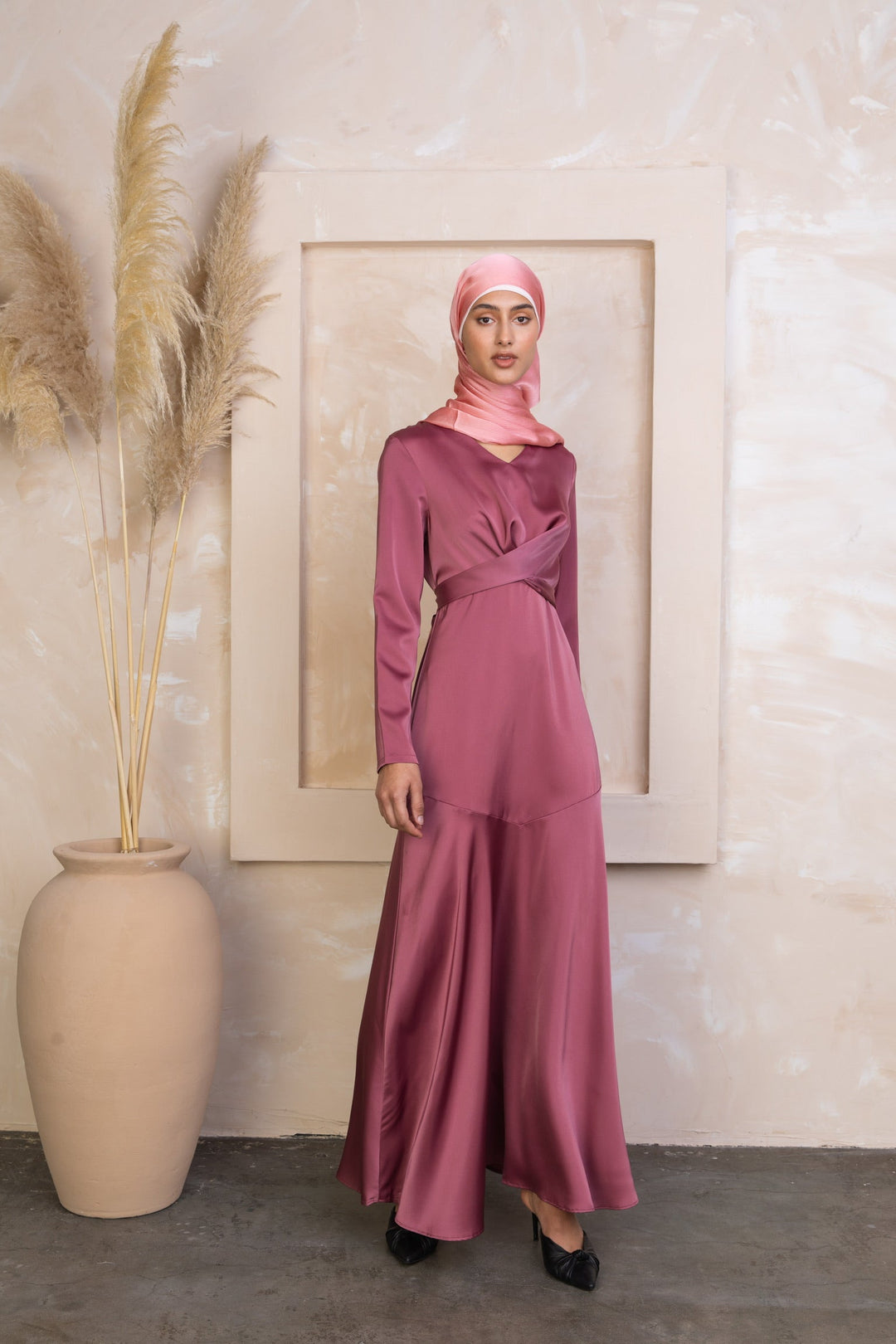 Desert Rose Criss Cross Satin Long Sleeve Maxi Dress