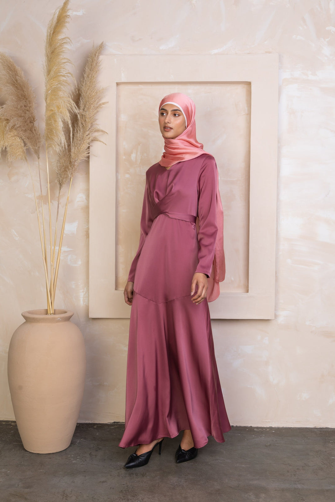 Desert Rose Criss Cross Satin Long Sleeve Maxi Dress