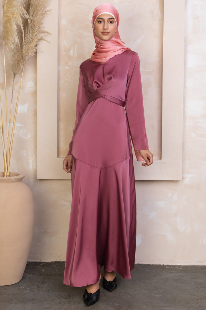 Desert Rose Criss Cross Satin Long Sleeve Maxi Dress