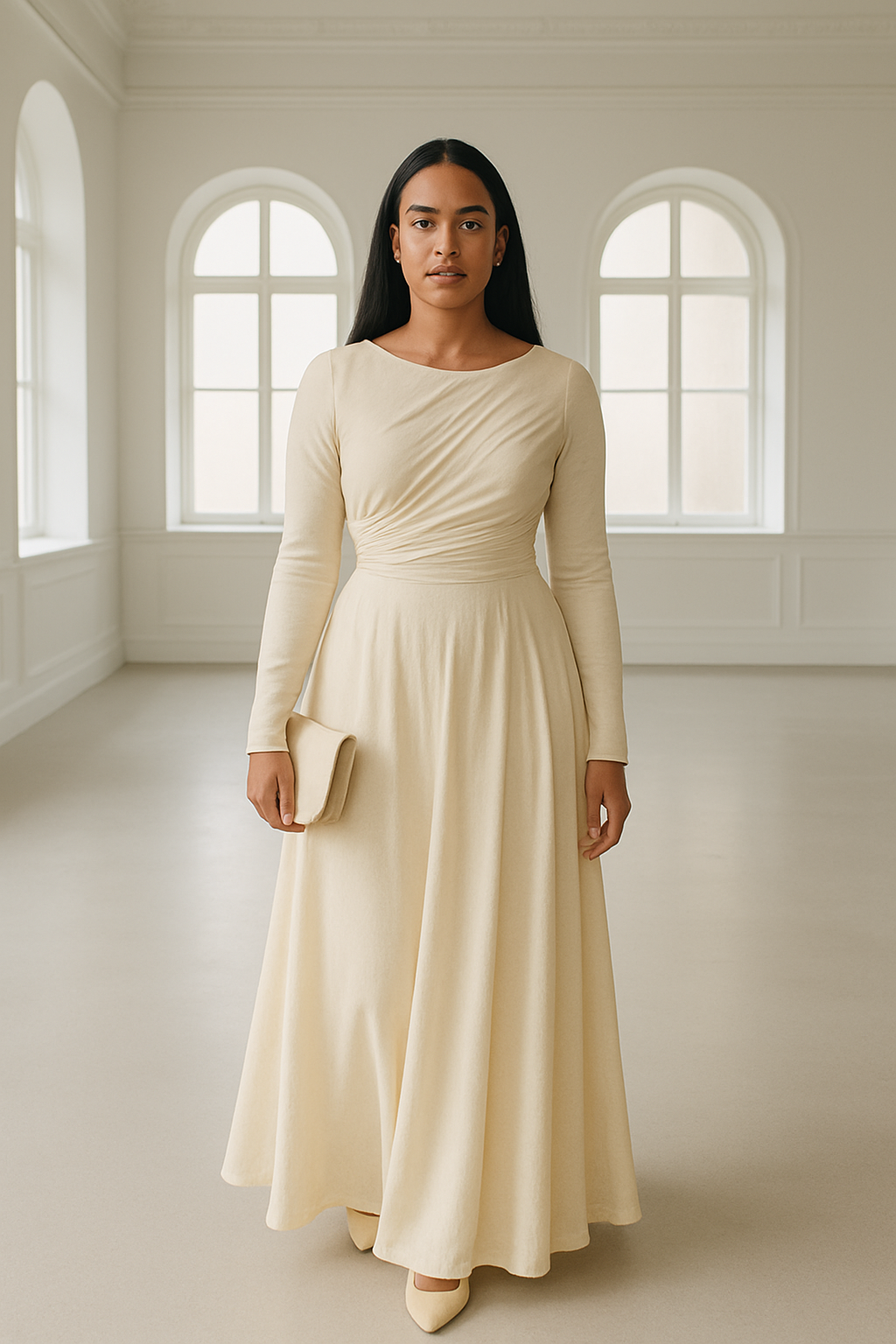 Woman wearing a beige drop waist dress standing in a bright room with arched windows.