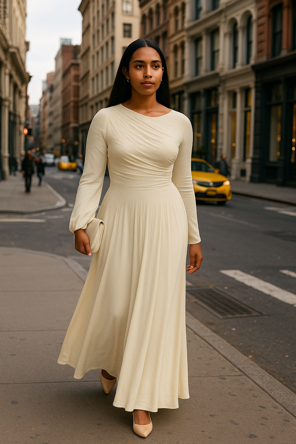 Woman wearing a beige drop waist dress in urban city street setting.