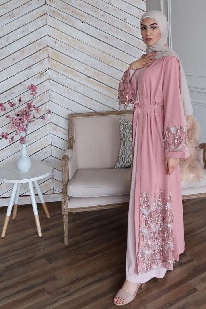 Dusty Pink Sequin Fringe Open Front Abaya