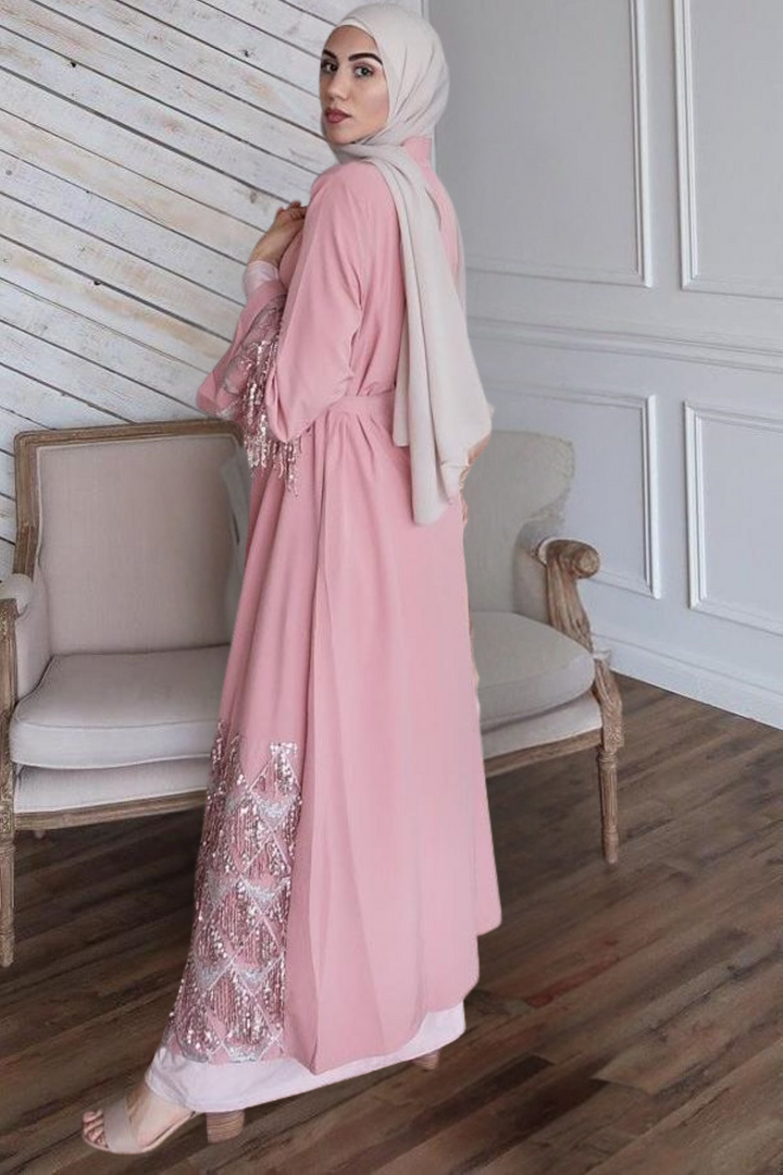 Dusty Pink Sequin Fringe Open Front Abaya