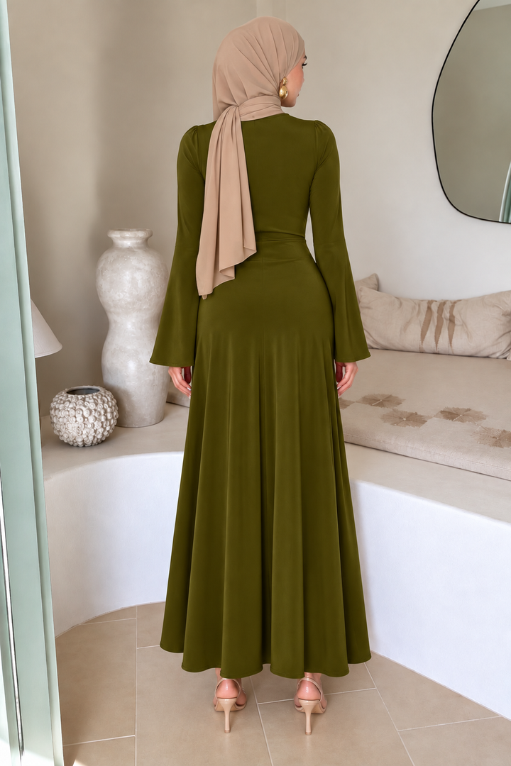 Green Side Draped Buckle Maxi Dress