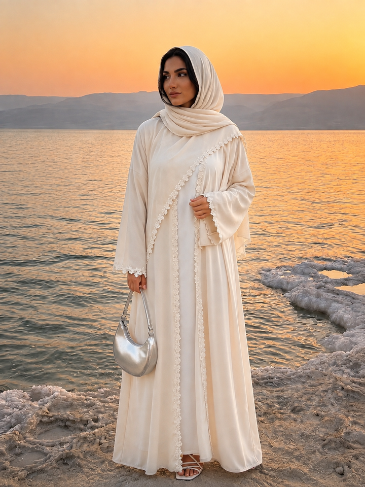 Beige Lace Trim Open Abaya and Hijab Set