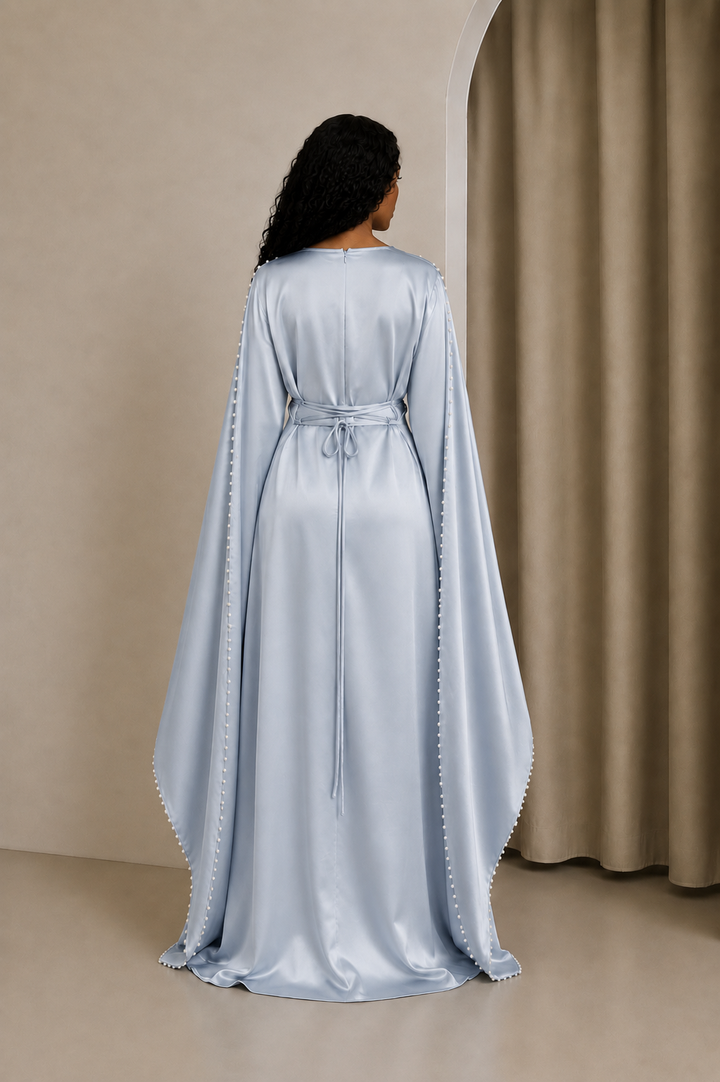 Icy Blue Pearl Cape Long Sleeve Gown
