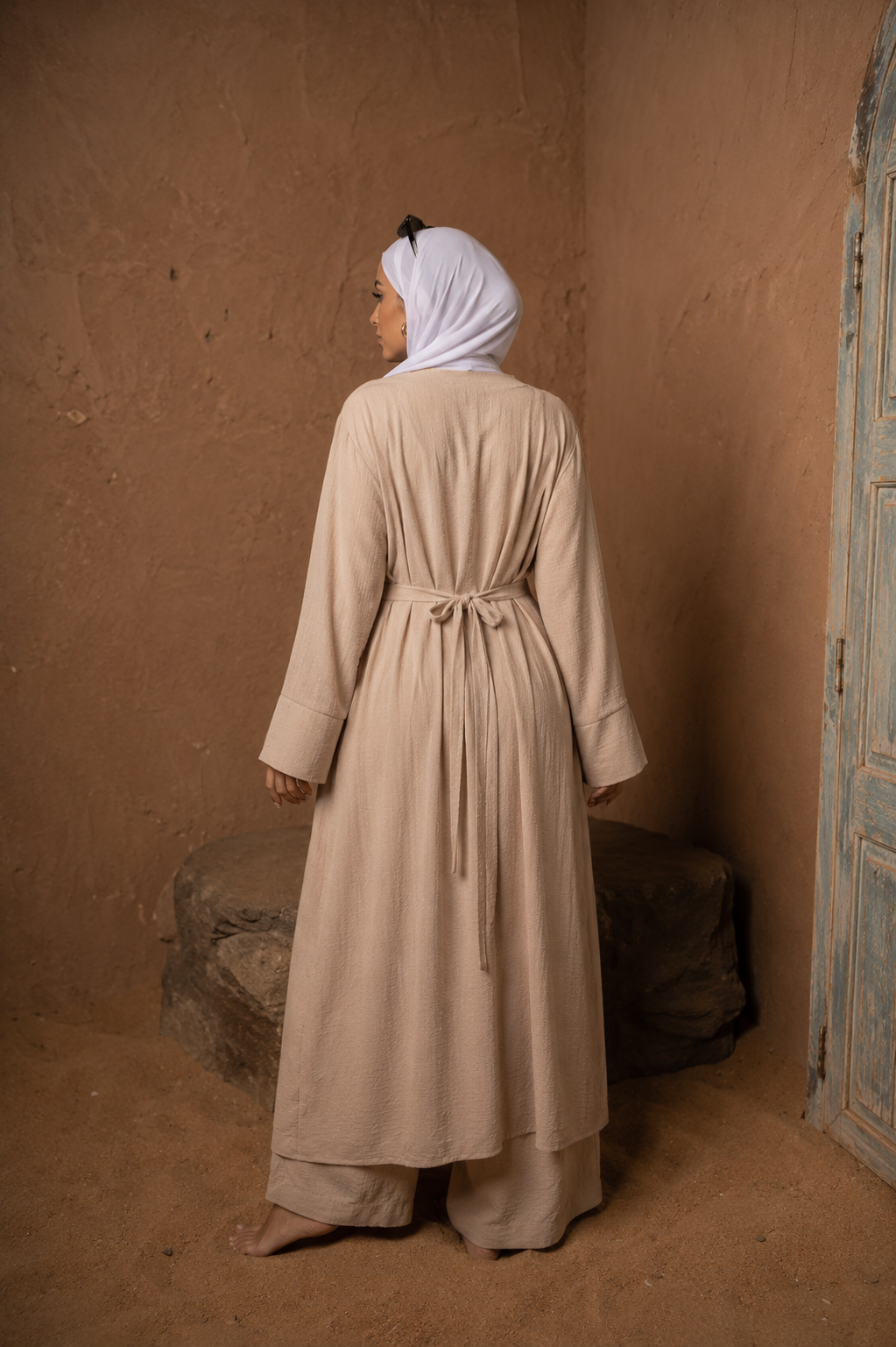 Beige Longline Abaya & Pants Set