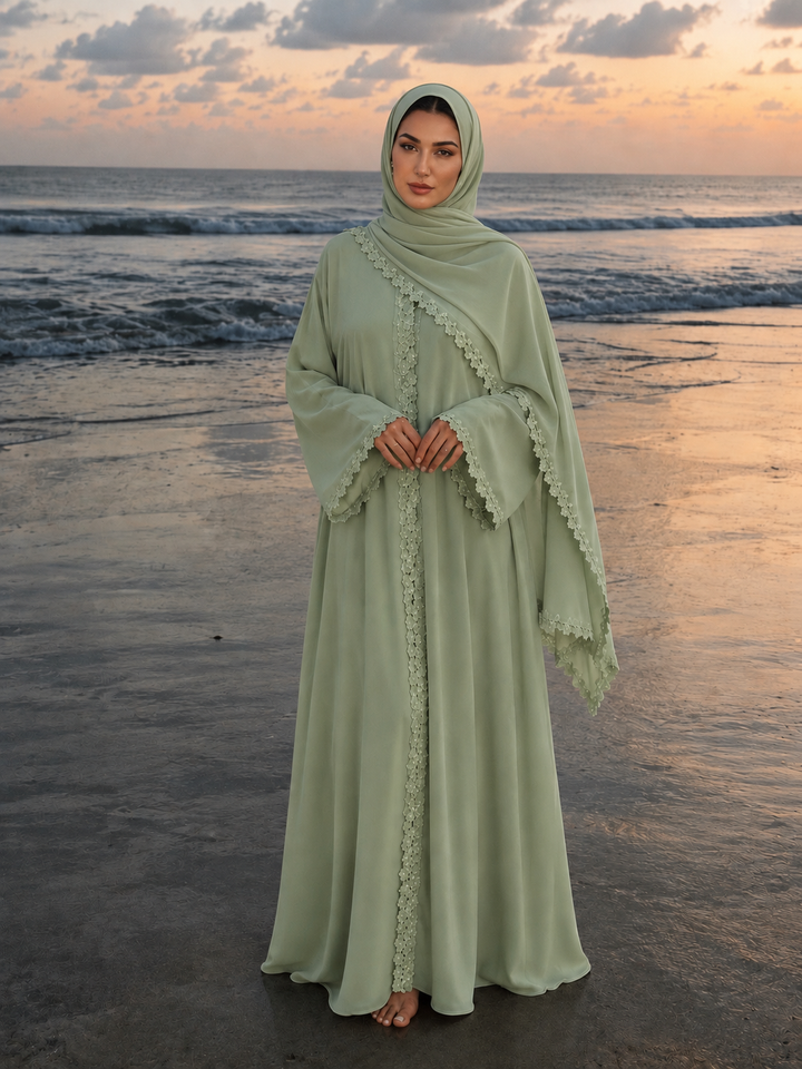 Green Floral Trim Open Abaya and Hijab Set