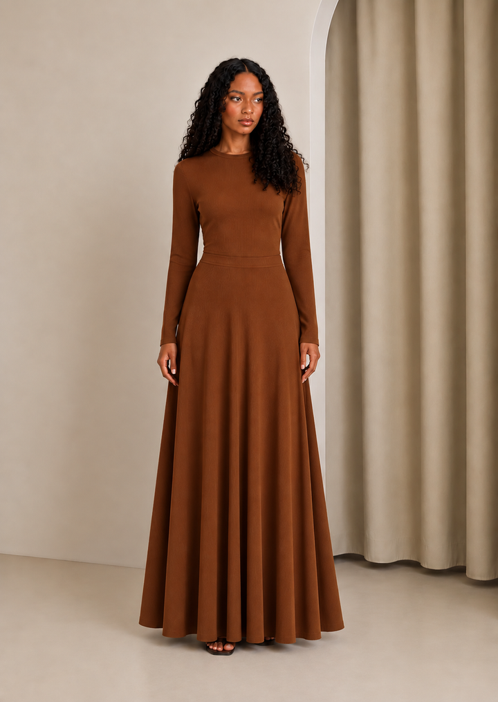 Brown Ribbed Skirt Set