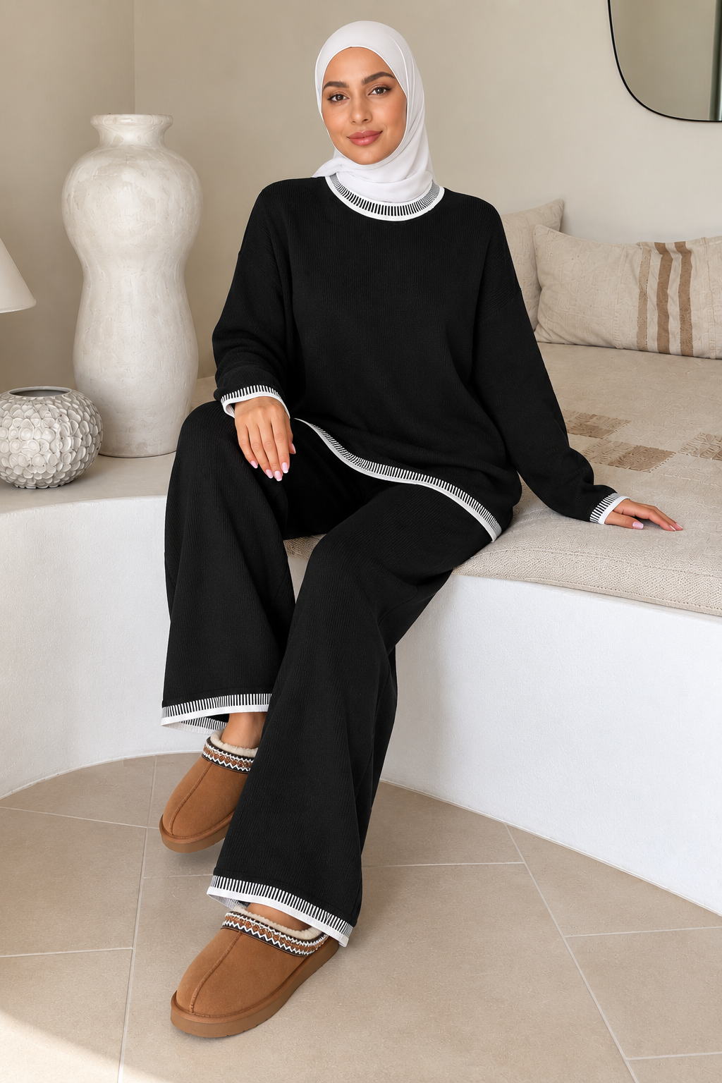 Black and White trim Sweater and Pant Set