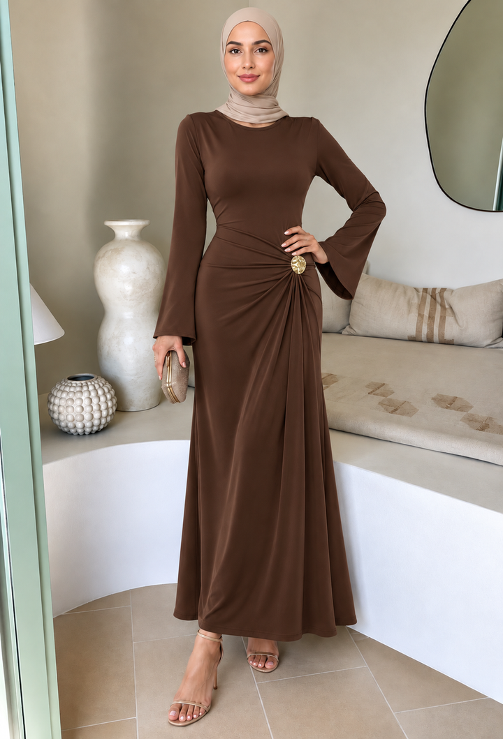 Brown Side Draped Buckle Maxi Dress