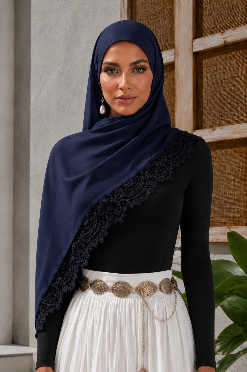 Navy Lace Trim Modal Hijab