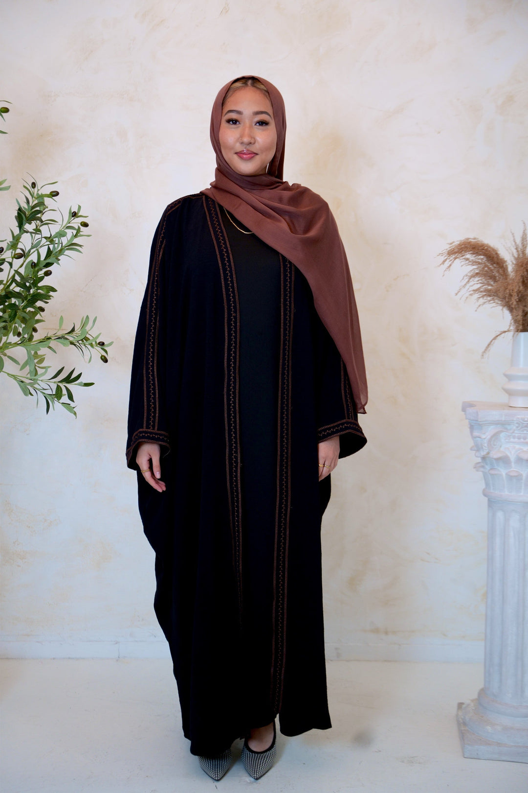 Embroidered Trim Open Front Abaya