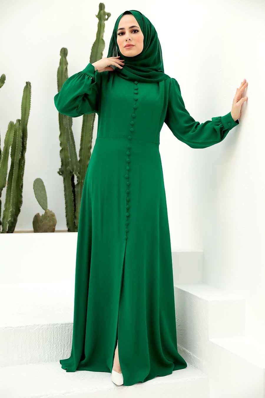 Emerald Button Down Long Sleeve Maxi Dress - Urban Modesty