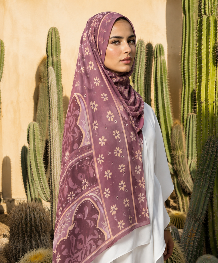 Maroon and Gold  Printed Chiffon Hijab